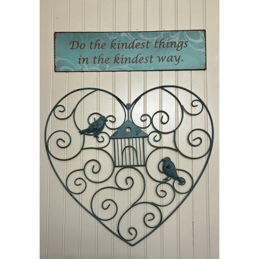 Heart & Bird Metal Wall Art (21"x 20") with Sign (19"x 5") Distressed Turquoise
